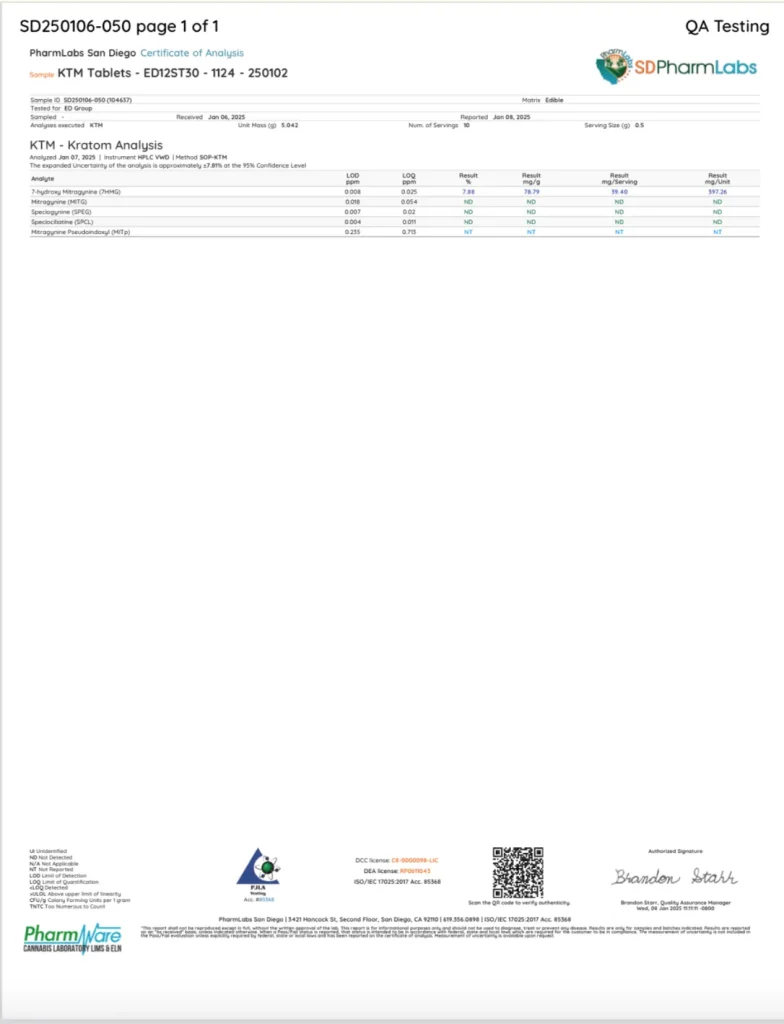 7-OH Strawberry Tablets lab report showing 100% purity (40mg tablets)