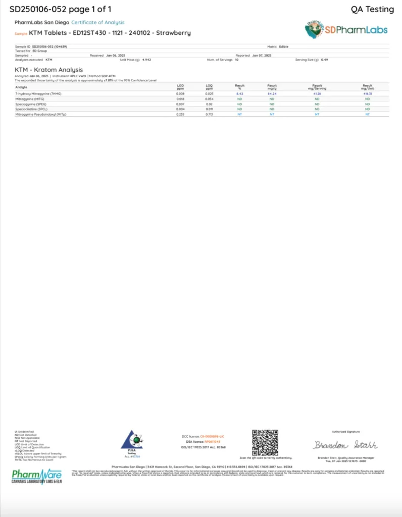 7OH Tablets lab report showing 40mg purity (100%)